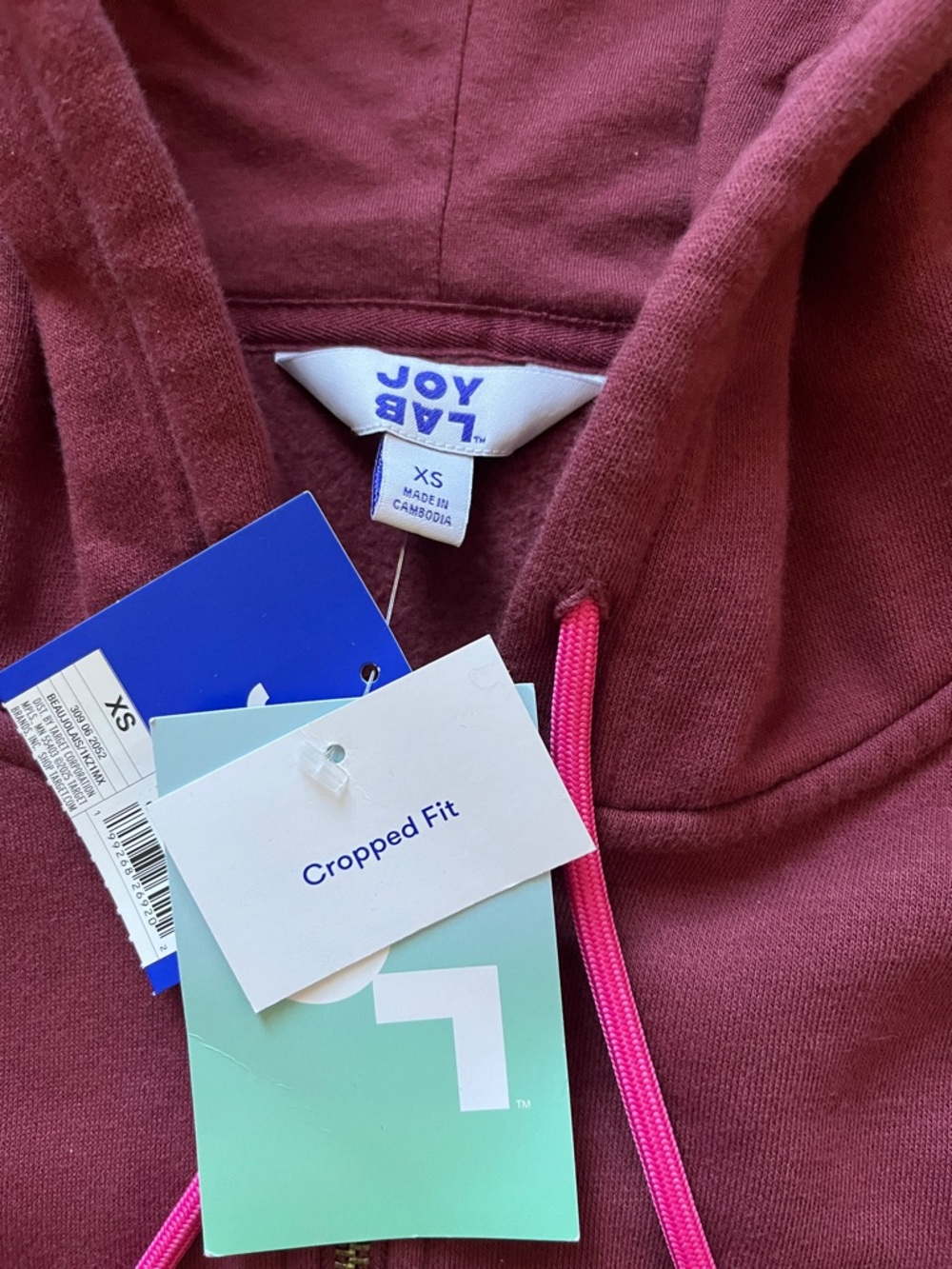 JoyLab Maroon Cropped Hoodie with Hot Pink Drawcords - Picture 2 of 9